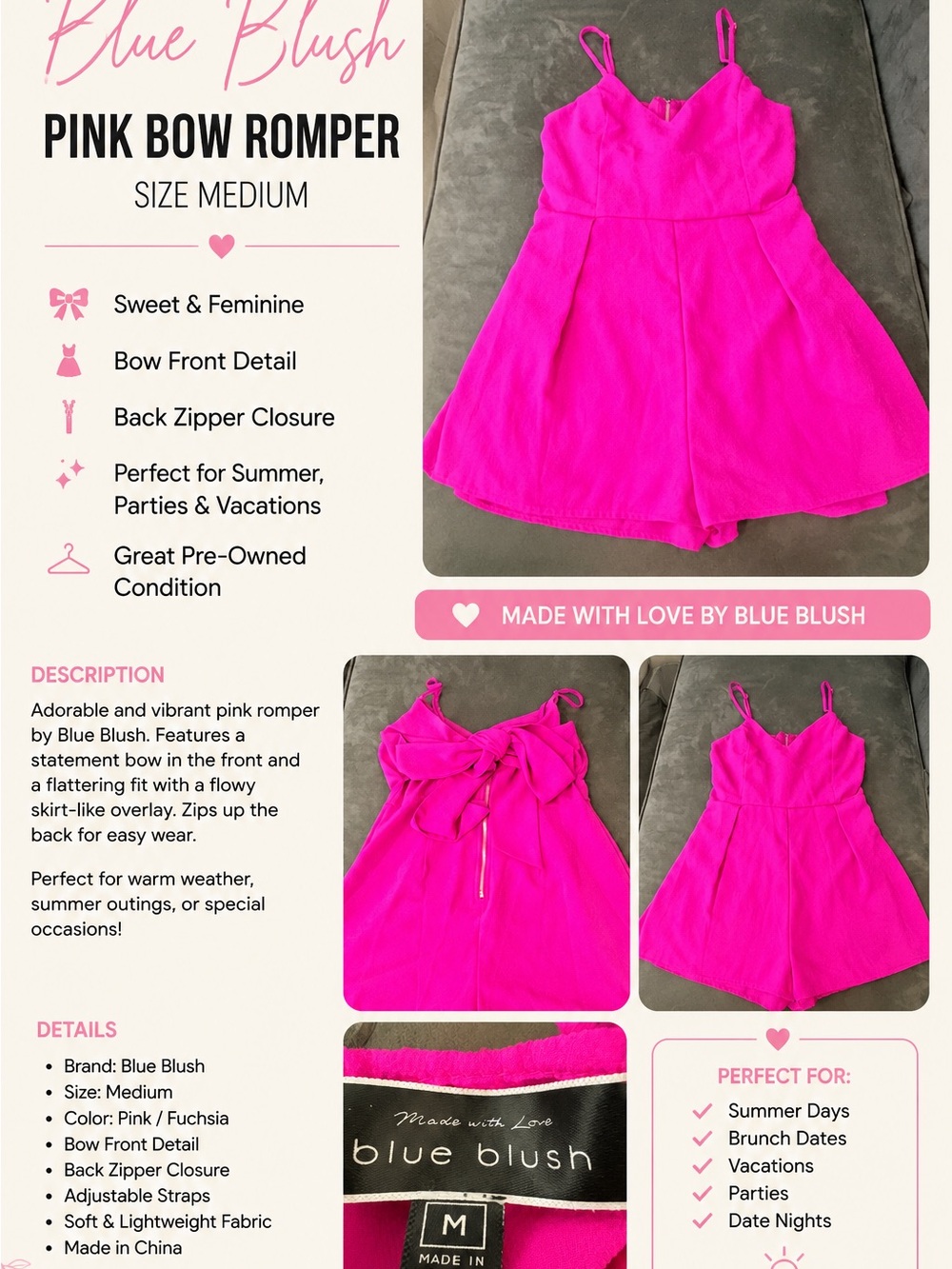 Blue Blush Hot Pink Bow Romper